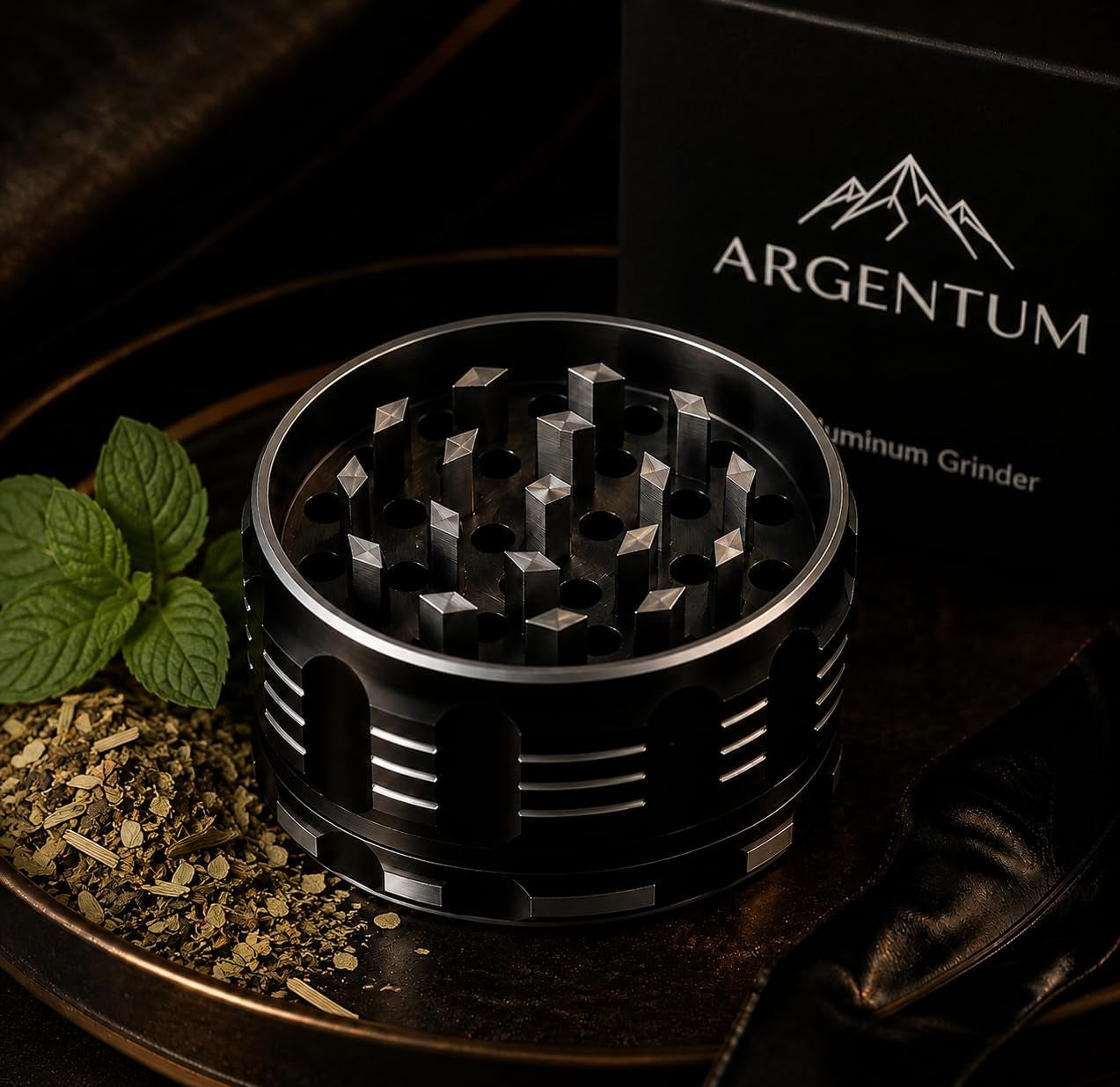 argentum-2-5-inch-manual-herb-spice-grinder-mill-4-piece-small-aluminum-kitchen-grinder-for-salt-pepper-seasonings-with-magnetic-lid-steel-sieve-cleaning-brush-compact-food-prep-tool