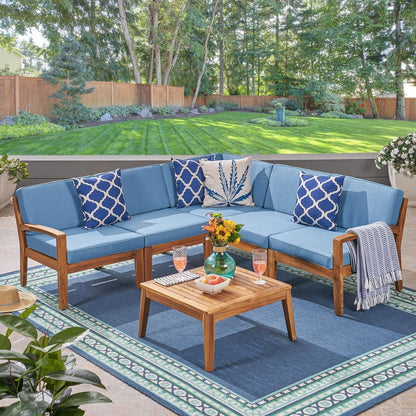 Great Deal Furniture Noble House Grenada Outdoor Acacia Wood 5 Seater Sectional Sofa Set Teak/Blue2