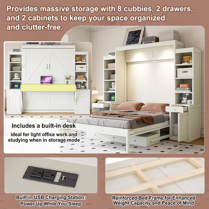 Queen Size Murphy Bed with Desk and Lights, Power Outlet, Foldable Murphy Cabinet Bed with Open Storage Shelves & Drawers, Wood Space-Saving Hidden Wall Bed for Guest Room Office, Antique White5