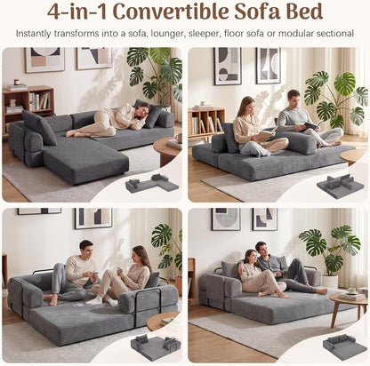 78.8″ Compressible Foldable Loveseat Sleeper Sofa Bed with Ottoman, 30D Powder-Free Foam Corduroy Couch, Space-Saving Convertible Sofa for Small Apartment, Living Room, Bedroom, Easy Setup6
