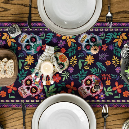 Day of the Dead Mexican Table Runner,Sugar Skull Linen Tablecloth for Dia De Los Muertos Mexican Party Firesta Holiday Kitchen Dining Room Home Decoration，13"X 72"3