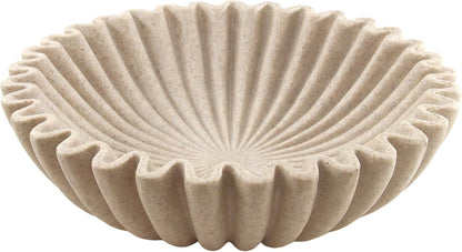 10'' Large Ruffle Decorative Fruit Bowl for Entryway Coffee Table Scalloped Purse Key Holder Kitchen Countertop Console Modern Organic Home Decor, Artificial Stone Beige1