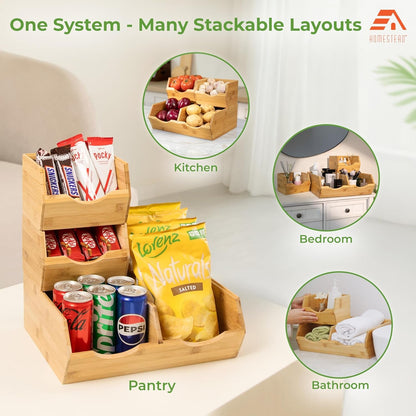 Bamboo Pantry Storage Bins – Stackable Potato & Onion Storage Bin for Kitchen Countertop, Pantry Organizer, Fruit Vegetable Basket, Multiuse - Set of 3 Slide-Out Access6