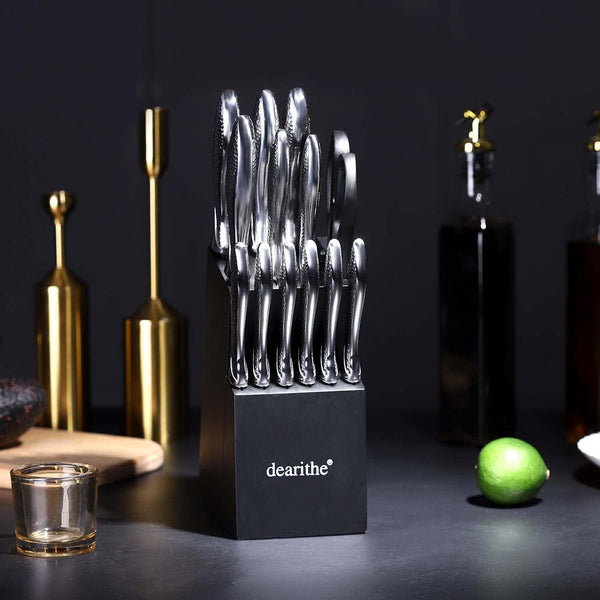 14 Piece Knife Block Set with Built-In Sharpener,Scissors | High Carbon Stainless Stee Kitchen Knife Set, Hammered Pattern Hollowed Handle Design6