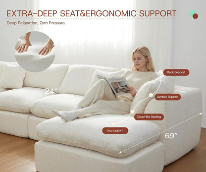 110'' Oversized Boneless Cloud Couch for Living Room, Modern Big Sectional Compressed L Shape Couch with Ottoman, Comfy Chenille Deep Seat Memory Foam Spineless 4 Seater Sofa, Beige3