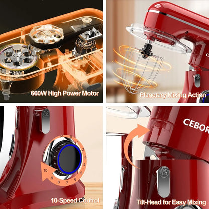 3-IN-1 Electric Stand Mixer, 6.5QT Bowl 660W 10-Speed Kitchen Mixer, Household Food Mixers Include Dough Hook, Beater and Whisk, Bread Cake Mixer for Baking and Most Home Cooks, Red4