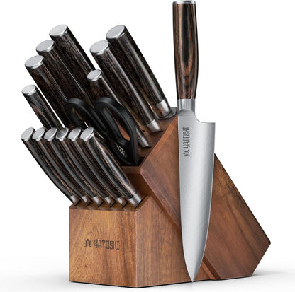 Yatoshi 15 Piece Knife Block Set - Pro Kitchen Knife Set Ultra Sharp High Carbon Stainless Steel with Ergonomic Handle, New1