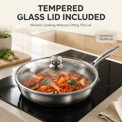 12 Inch Titanium Frying Pan, Pure Titanium Cooking Surface with Hammered Pattern, Pfas-Free 3-Ply Stainless Steel Induction Skillet, High Heat Oven Safe Coating-Free Pan with Tempered Glass Lid5