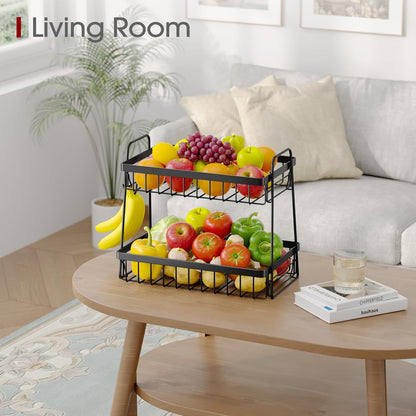 Fruit Basket for Kitchen Counter - 2-Tier Fruit Bowl with Removable Banana Hanger & Handles, Rustproof Fruit Holder for Kitchen, Living Room, Bathroom, 13.4"×8.7"×11.7", Black7