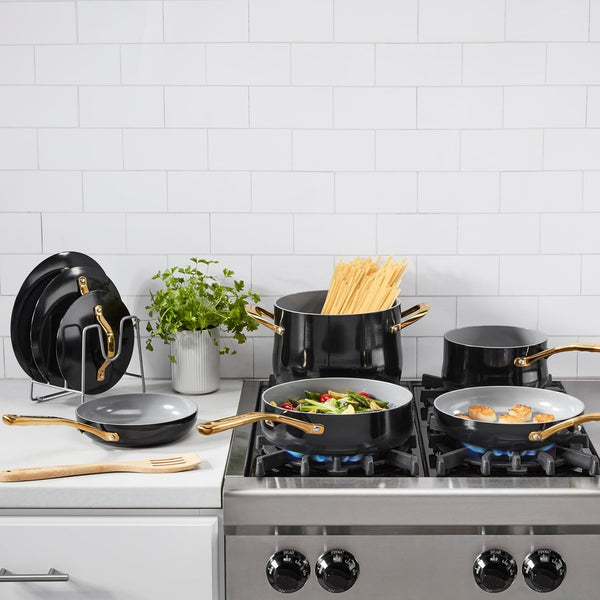 Culinary Ceramic Cookware Set, Dishwasher Safe Nonstick Pots and Pans, 10 Piece Kitchen Cookware Set for Home Cooking, Easy & Clean Design, Black, 34CG-10BK2