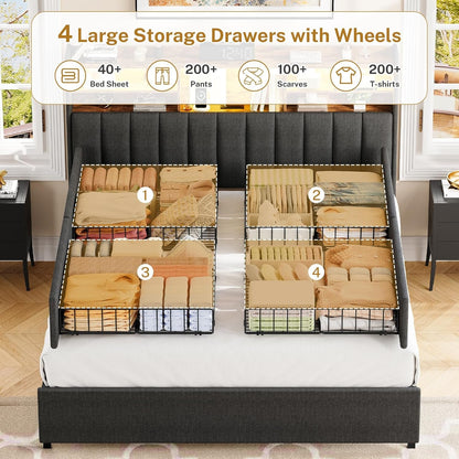 Queen Bed Frame with Headboard and 4 Drawers Storage, Bed Frame Queen Size Built in LED Lights and Charging Station, Sturdy & Noise-Free Upholstered Platform Metal Support Bed, Dark Grey4