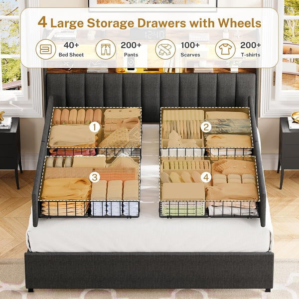 Queen Bed Frame with Headboard and 4 Drawers Storage, Bed Frame Queen Size Built in LED Lights and Charging Station, Sturdy & Noise-Free Upholstered Platform Metal Support Bed, Dark Grey4