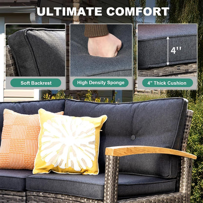 9-Piece Half-Moon Curved Outdoor Patio Furniture Set, Sectional Conversation Sofa with Wood Armrests, Coffee & Side Tables for Backyard Deck Garden, Grey3
