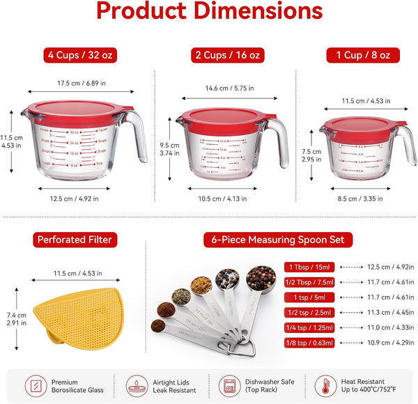 10 Pack Glass Measuring Cup Set with Lids, Stackable Handled Liquid Cups in 1, 2, 4 Cup Sizes, Comes with 6 Size Measuring Spoons and Strainer, Kitchen Nesting Baking Measuring Tools3