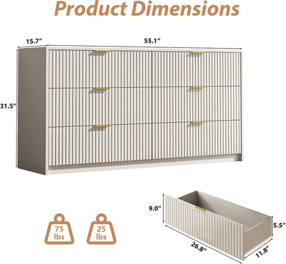6 Drawer Dresser for Bedroom, 55" Wide Modern Chest of Drawers with Gold Metal Handles, Fluted Wood TV Stand for Living Room, Hallway(Beige)2