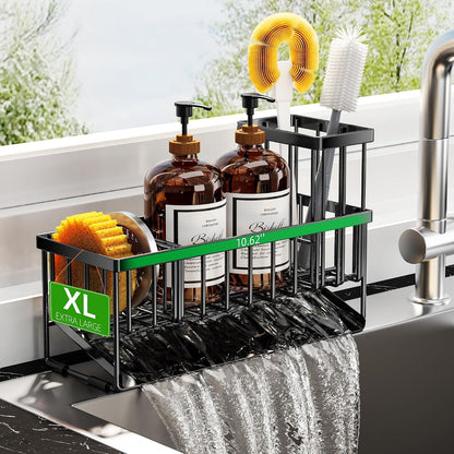 Extra Large Kitchen Sink Caddy Organzier with High Brush Holder, Sponge Holder for Sink, 304 Rustproof Stainless, Kitchen Countertop Soap Dispenser Organizer for Decor and Accessories1