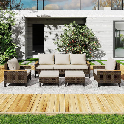 7 Piece Outdoor Patio Furniture Set, Wicker Rattan Sectional Sofa Set with Thick Cushions and High Backrest, All Weather Outdoor Conversation Set for Garden, Porch, Lawn, Poolside, Beige1