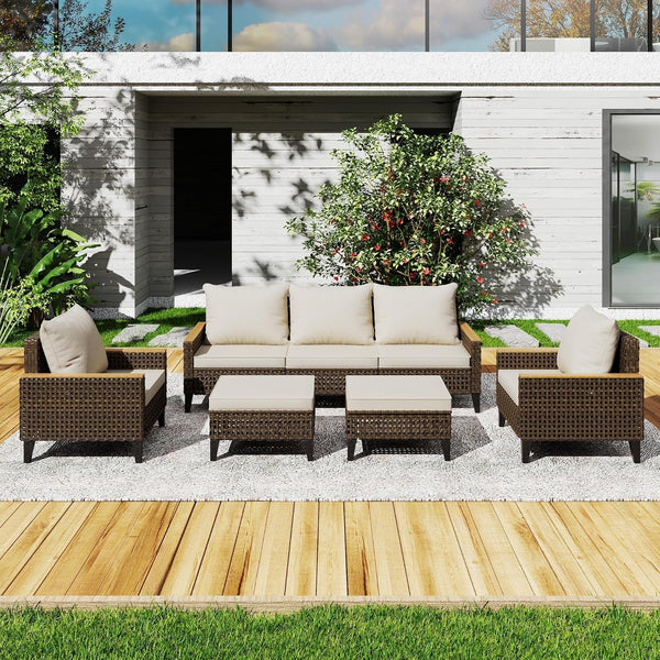 7 Piece Outdoor Patio Furniture Set, Wicker Rattan Sectional Sofa Set with Thick Cushions and High Backrest, All Weather Outdoor Conversation Set for Garden, Porch, Lawn, Poolside, Beige1