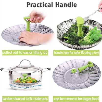 Vegetable Steamer Basket for Cooking Food, Stainless Steel Veggie Steam Basket for Pot, Folding Expandable Steaming Insert with Extendable Handle Fits Various Size Pot, 5.1" to 9"4