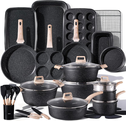 44Pcs Nonstick Cookware Sets, Pots and Pans Set with Bakeware | Kitchen Knife Set Included, Lightweight Die-Cast Aluminum, Fast & Even Heating, All-Stovetop Compatible1