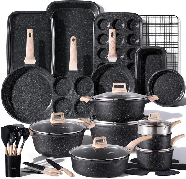 44Pcs Nonstick Cookware Sets, Pots and Pans Set with Bakeware | Kitchen Knife Set Included, Lightweight Die-Cast Aluminum, Fast & Even Heating, All-Stovetop Compatible1