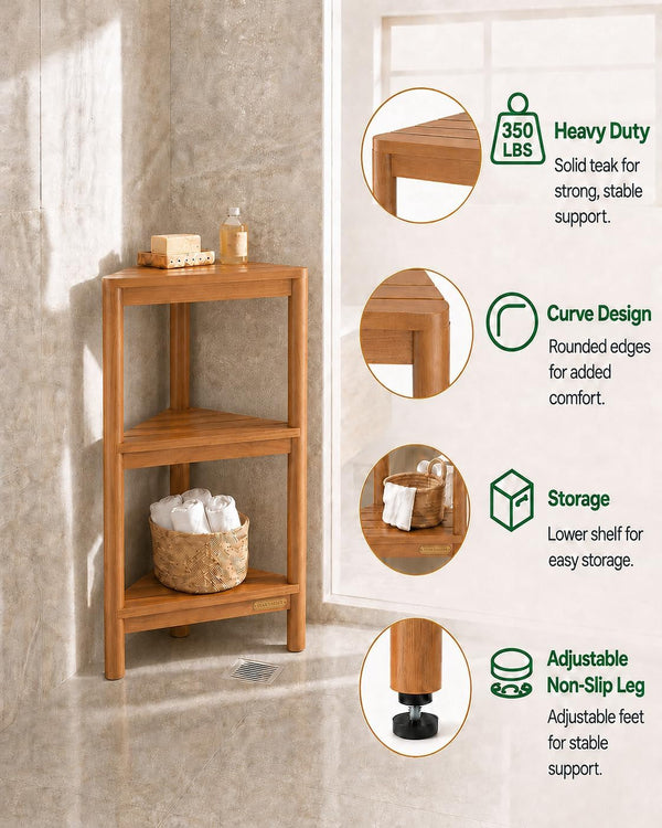 Fully Assembled Teak Corner Shower Shelf, Shower Caddy 26.5"4