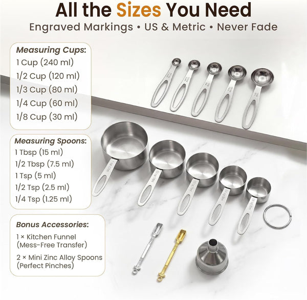 13PCS Stainless Steel Measuring Cups and Spoons Set with Funnel, Stackable Metal Measuring Cup and Spoon Set for Baking Cooking, Dishwasher Safe Kitchen Tools with for Dry & Liquid Ingredients7