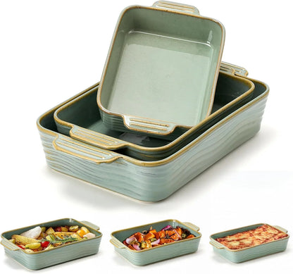 Ceramic Baking Dish Set of 3, Casserole Dishes for Oven, Square Porcelain Bakeware Set with Handles, Lasagna Baking Pan for Cooking, Perfect for Baking and Serving, Housewarming, Halloween, Thanksgiving, Christmas, New Year- Green1