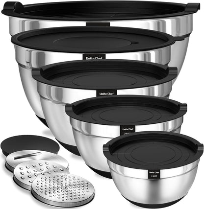 Mixing Bowls with Airtight Lids Set, 8PCS Stainless Steel Nesting Bowls Set, 3 Grater Attachments & Non-Slip Bottoms, Size 5, 4, 3.5, 2, 1.5QT for Baking & Mixing(Black)1