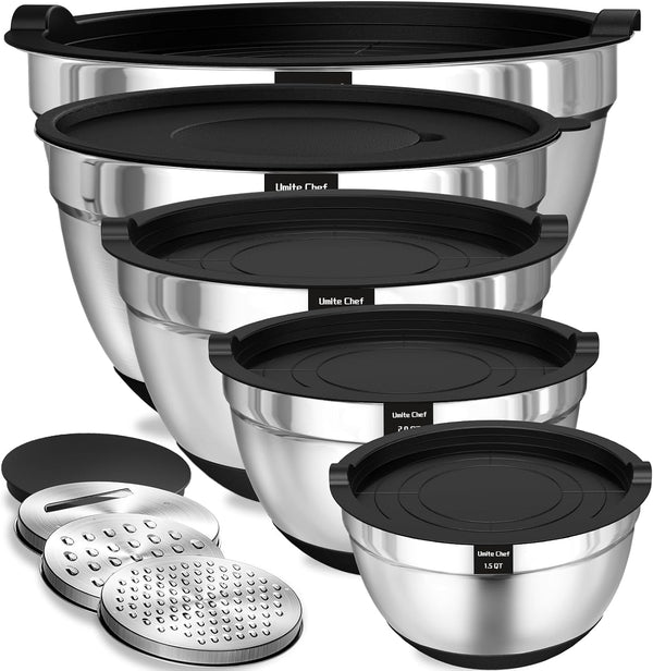 Mixing Bowls with Airtight Lids Set, 8PCS Stainless Steel Nesting Bowls Set, 3 Grater Attachments & Non-Slip Bottoms, Size 5, 4, 3.5, 2, 1.5QT for Baking & Mixing(Black)1
