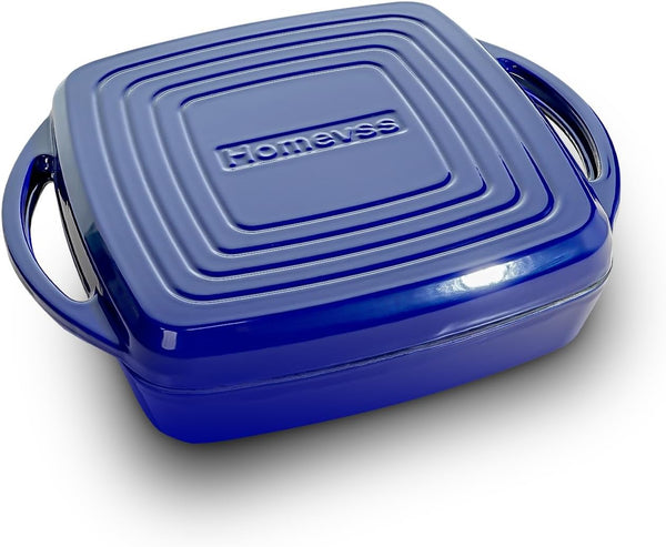 2-In-1 Square Enameled Cast Iron Dutch Oven 7QT Baking Pan and Gridle Lid with Dual Handles, Cast Iron Skillet Lid, Coating Gridle for Baking, Braising and Grilling - Blue1