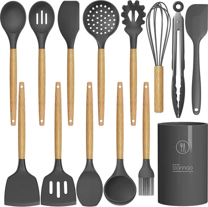 Silicone Cooking Utensils Kitchen Utensil Set - 446°F Heat Resistant Silicone Kitchen Utensils Set, Spatula,Turner Tongs, Spoon, Whisk,Kitchen Gadgets for Nonstick Cookware, BPA Free (Gray)1