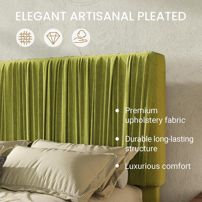 Queen Size Artisanal Pleated Velvet Bed Frame with Adjustable Headboard, Luxurious Upholstered Floor Platform Bed, Modern Low Profile Frame, Green4
