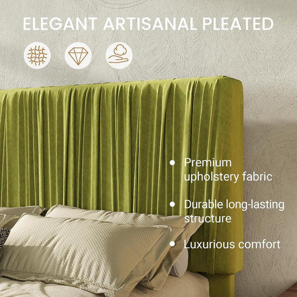 Queen Size Artisanal Pleated Velvet Bed Frame with Adjustable Headboard, Luxurious Upholstered Floor Platform Bed, Modern Low Profile Frame, Green4