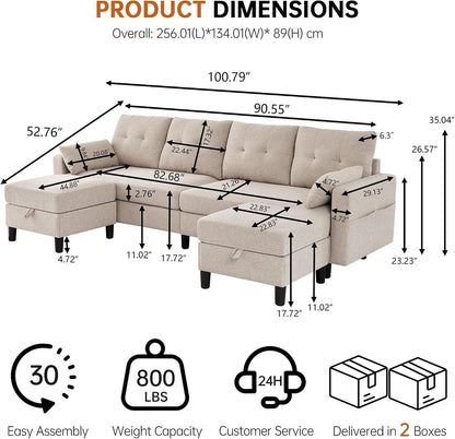 Sectional U Shape Sofa with Storage, 100" U Shaped 4 Seater Couch with 2 Movable Ottoman Chaises Polyester Fibre for Living Room, Beige2