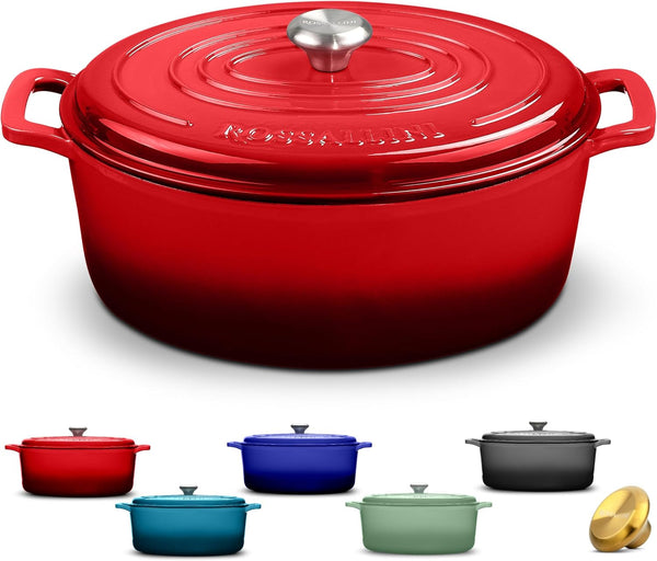 Signature Enameled Cast Iron Oval Dutch Oven | Non-Stick Serving Pot with Tight Fitting Lid for Perfect Roasting, Baking, Sauteing, and Bread Making | 5Q [Red]1