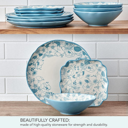 Garden Blossom Floral 12 Piece Plate Bowl Dinnerware Set, Blue6