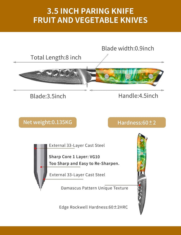 3.5 Inch Paring Knife - Fruit and Vegetable Peeling Knives, Forged Damascus Steel & Resin Handle - YAO Series4
