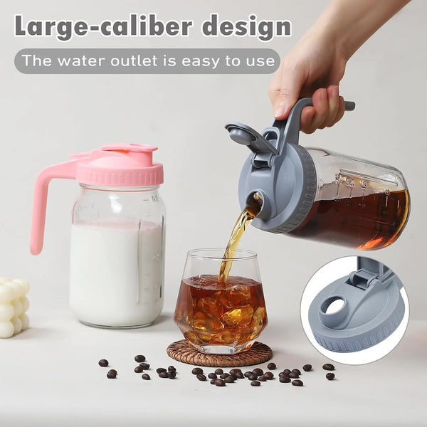 4Pack 32Oz Glass Pitcher with Lid, Wide Mouth Storage Container，1 Quart. | Double Leakproof Glass Mason Jar Pitcher with Pour Spout Lid, for Breastmilk, Sun Tea, Juice, Cold Brew Coffee, Water4
