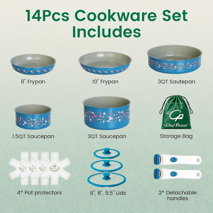 Ceramic Cookware Set Non Toxic with Detachable Handles, Healthy Nonstick Decal Pans and Pots Set 14 Pcs, Induction Dishwasher Oven Safe Kitchen Set, Turquoise with Bougainvillea2