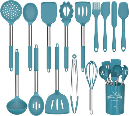 15 Pcs Silicone Cooking Utensils Kitchen Utensil Set -  446°F Heat Resistant Stainless Steel Handles Kitchen Gadgets Tools Set for Nonstick Cookware(Blue)1