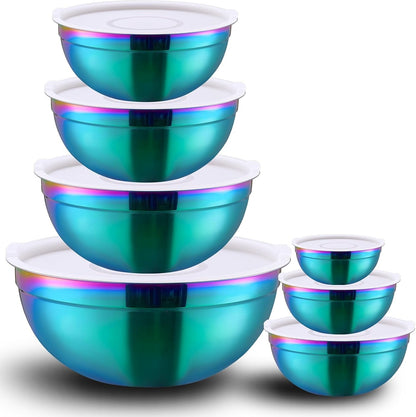 Rainbow Mixing Bowls with Lids Set of 7, Stainless Steel Nesting Bowl with Khaki Lid for Non-Slip Mixing Prepping Storing Serving, 7 Sizes-7/3.6/2.7/2.1/1.5/1/0.8 QT1