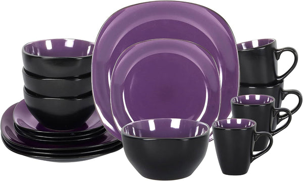 Homevss, Stoneware Square 16Pc Dinnerware Set, inside Shiny Purple and outside Matte Black1