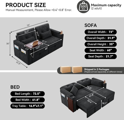 73" Sleeper Sofa, Convertible Sofa Bed with Pull Out Couch, Black3