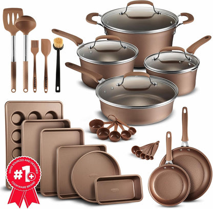 Pots and Pans Set, 23-Piece Non Stick Cookware & Bakeware Sets with Plaid Pattern, Stackable Design, Dishwasher Safe, Stain-Resistant, Oven & All-Stove Safe, Tempered Glass Lid, Golden1