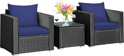 3 Pieces Patio Furniture Set, PE Rattan Wicker Sofa Set W/Washable Cushion and Tempered Glass Tabletop, Outdoor Conversation Furniture for Garden Poolside (Navy Blue)1