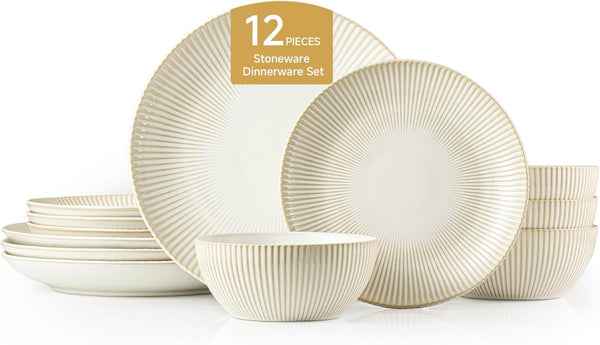 12-Piece Stoneware Dinnerware Set, Beige Reactive Glaze for 41