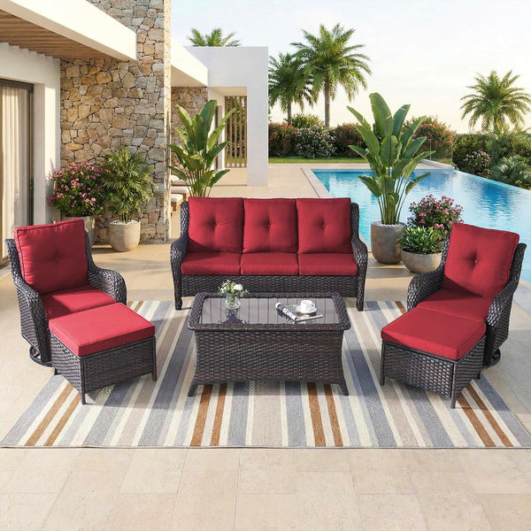 6 Piece High Back Patio Furniture Set - All Weather Patio Conversation Set with 4 Inch Thick Cushions and Deep Seating Swivel Glider Chairs & Outdoor Couch for Porch Deck Yard Pool1
