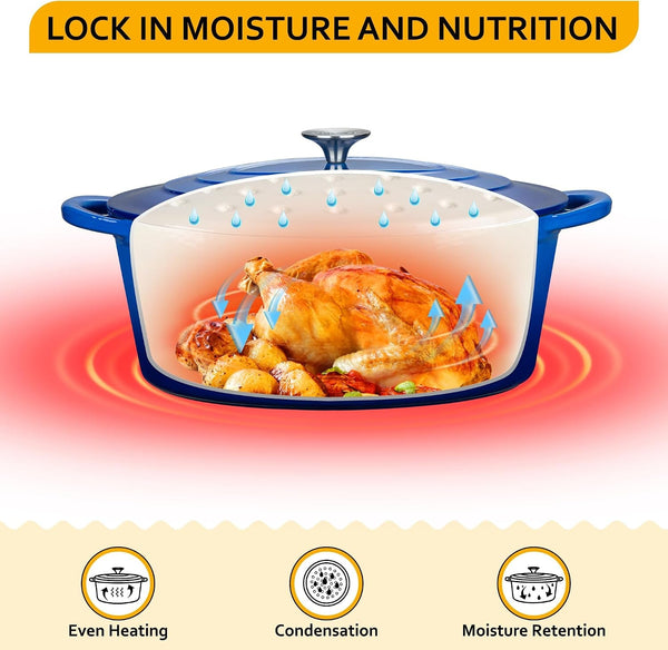 7.5 QT Oval Enameled Cast Iron Dutch Oven Pot with Lid,Blue | Whole Chicken Friendly,For Cooking,Frying, Stewing,Bread Baking,And Roasting,Oven Safe,Dual Handles,Non-Stick Coating3