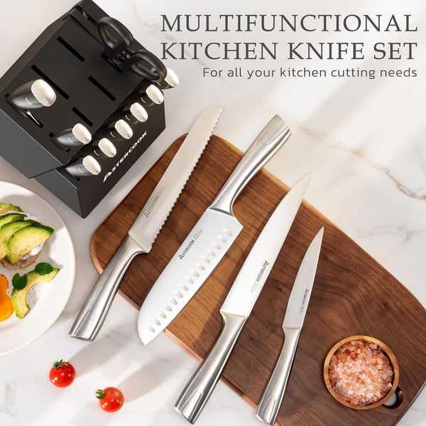 Knife Set, Kitchen Knives Set with Block and Sharpener Full Tang 15 Pcs Stainless Steel Knives, Dishwasher Safe Knife Set with Anti-Slip Ergonomic Handle, Black, Fathers Day Gift for Men6